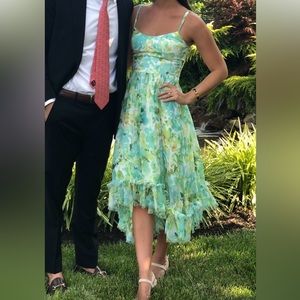 Dress the Population floral green and blue tiered dress